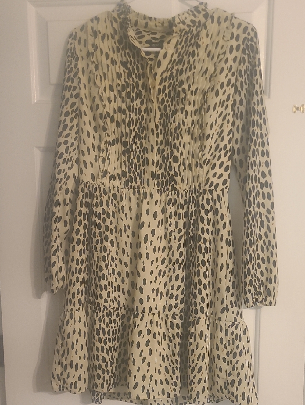 Cream and Black Printed Long-Sleeve Tiered Dress